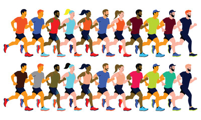 Fototapeta premium Colorful group of running people isolated on white background in flat illustration style
