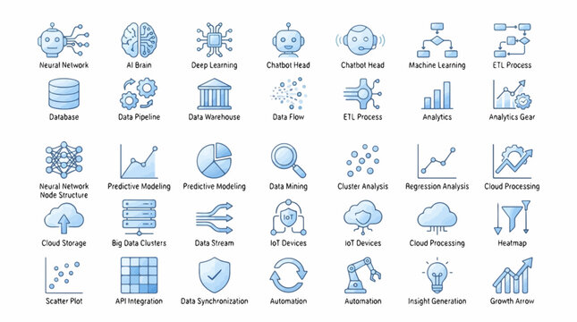A collection of clean blue icons representing various aspects of artificial intelligence, machine learning, and data science