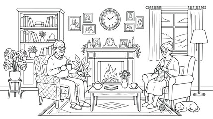 Obraz premium Cozy living room coloring page with elderly couple, senior man and woman relaxing by fireplace, hand drawn outline vector of home interior