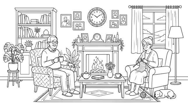 Cozy living room coloring page with elderly couple, senior man and woman relaxing by fireplace, hand drawn outline vector of home interior