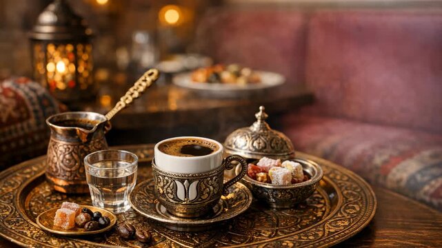 Coffee set-up on an intricately designed plate, adorned with delicious treats and a silver teapot, evoking the warm and inviting atmosphere of a Turkish coffee house.