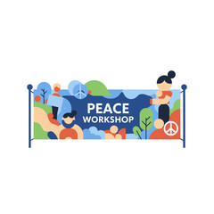 Fototapeta premium Peace Workshop Banner with People and Symbols
