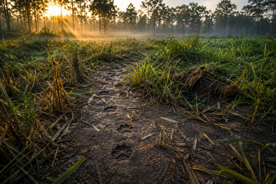 Muddy jungle trail with fresh tiger paw prints in tropical rainforest, untouched wildlife habitat and conservation landscape