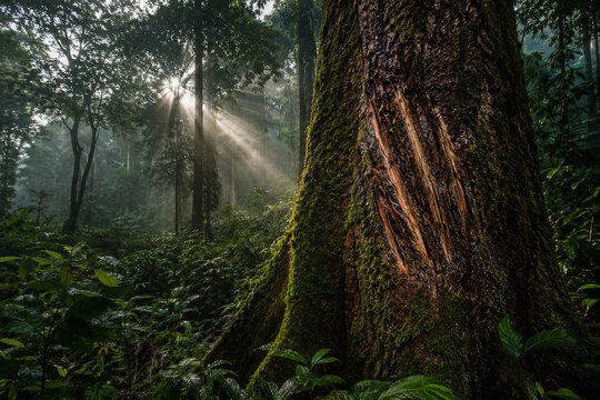 Fresh Bengal tiger claw marks on moss covered rainforest tree trunk, wildlife tracking evidence and endangered species conservation concept