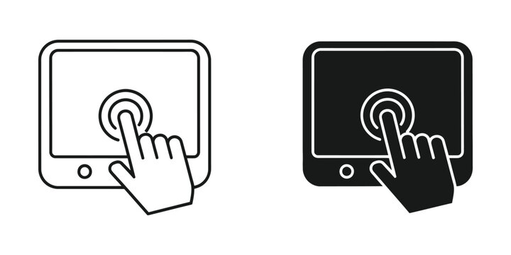 Finger touching screen on tablet device in outline and solid style representing digital interaction and user interface