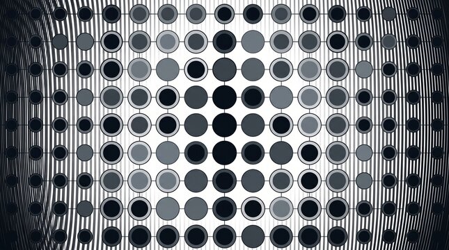 Abstract halftone dot pattern with scan lines, monochrome geometric background, retro digital screen texture with circular elements