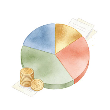Financial Pie Chart with Coins and Paper: A vibrant watercolor illustration of a pie chart divided into four colorful sections, accompanied by a stack of gold coins and a few sheets of paper.