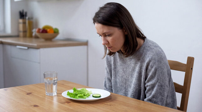 Sad woman looking down at plate with minimal salad portion at kitchen table, restrictive diet awareness concept