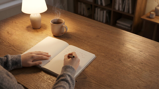 あたたかいデスクライトに照らされた机でコーヒーとともにノートへ記録する手元の様子