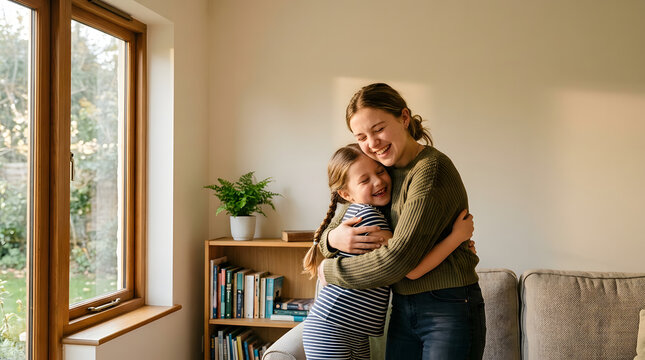 Two sisters embracing in warm sunlight. Happy siblings hugging at home in cozy interior.