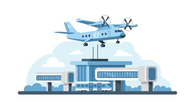 Futuristic Airport Hub with VTOL Aircraft, Electric Plane, and Smart City Transportation Infrastructure Vector Illustration