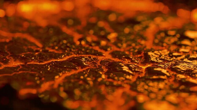 Molten Lava Closeup: A detailed, high-resolution macro view of incandescent molten lava, showcasing its fiery, cracked surface and glowing embers.