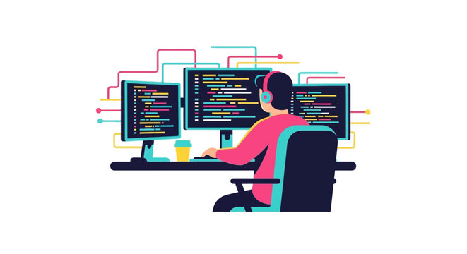 Software Developer Programmer Working on Multiple Monitors with Code Flat Vector Illustration