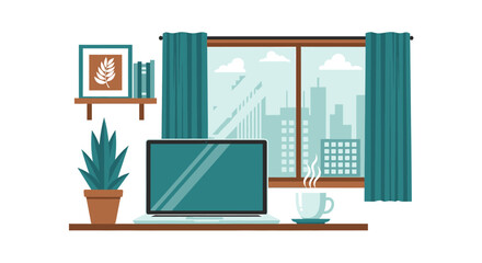 Obraz premium Modern Home Office Workspace Illustration with Laptop, Coffee, and City View