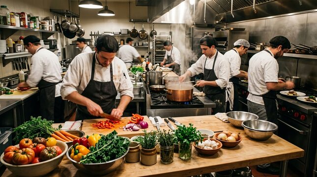 Culinary team working dynamically amidst a lively and noisy kitchen environment.