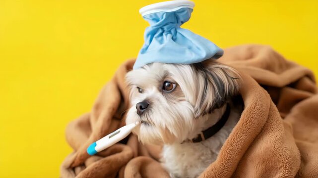 Static close up shot of small dog wrapped in blanket with thermometer in mouth and ice pack on head against yellow background