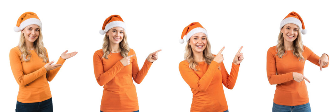 Mulher jovem loira usando gorro de Natal laranjado e apontando com as m&atilde;os, fundo transparente / Young blonde woman wearing a orange Christmas hat and pointing with her hands, transparent background