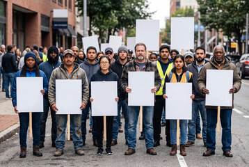 Obraz premium A group of diverse workers stands together in a city street. They hold blank white protest signs. The scene takes place during the day with trees in the background