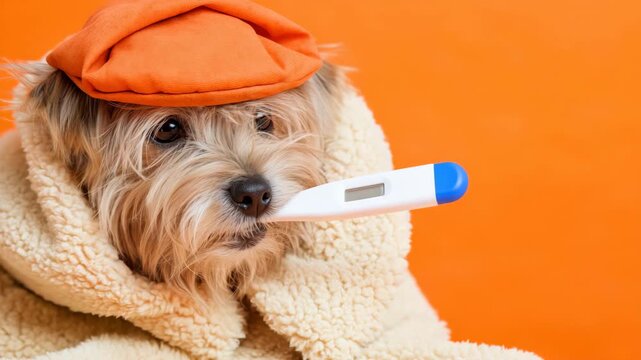 Static close up shot of small terrier holding thermometer in mouth wrapped in blanket against orange studio background