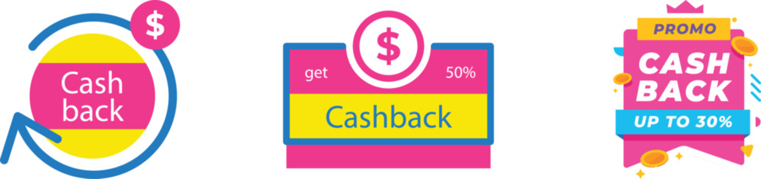 Bright cashback promotion vector icons set