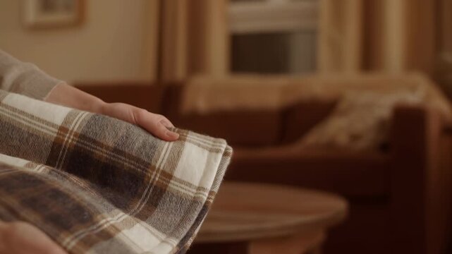 Hands adjusting folded plaid blanket on sofa armrest inside warm living room with upholstered seating, soft neutral decor, layered fabric folds, calm home comfort