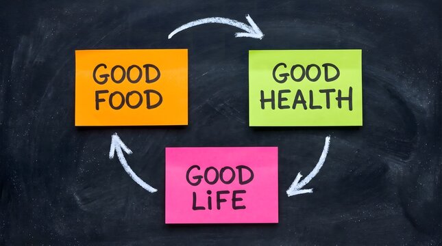 Good Food Good Health Good Life Concept With Colorful Sticky Notes On Blackboard
