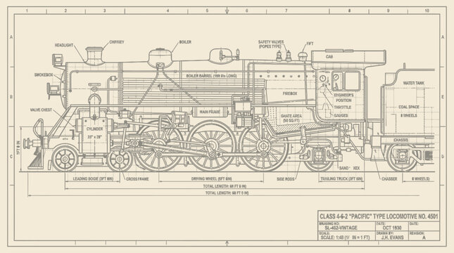 Detailed technical blueprint drawing of a vintage steam locomotive train engine.