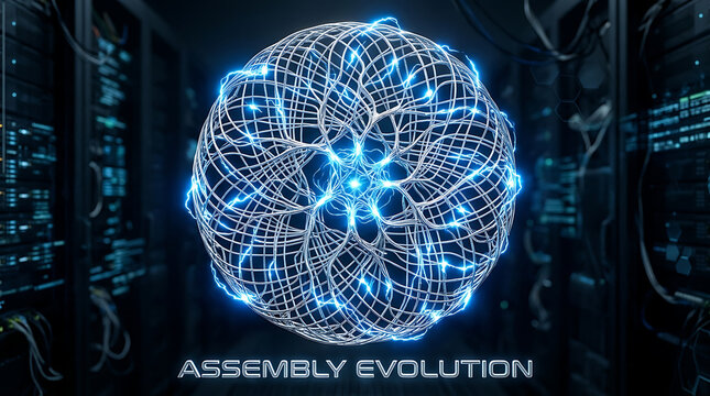 Exploring the complex assembly and digital evolution of interconnected data systems within a high-tech server room infrastructure, symbolizing growth and innovation