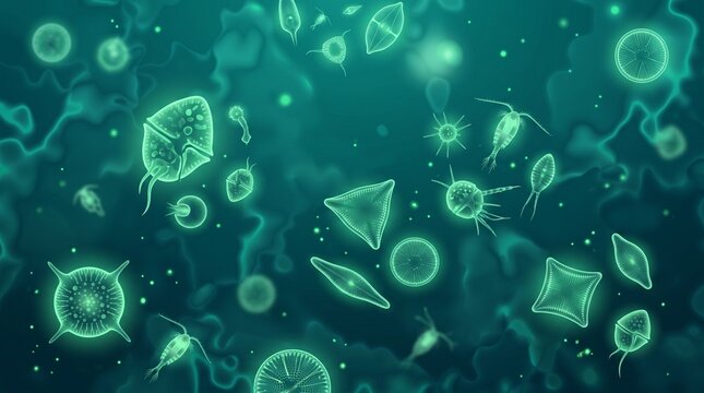 Microscopic plankton organisms in teal water, glowing aquatic microorganisms and diatoms, bioluminescent marine life under a microscope