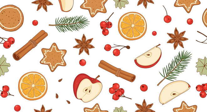 Seamless Christmas pattern with gingerbread cookies and winter spices.