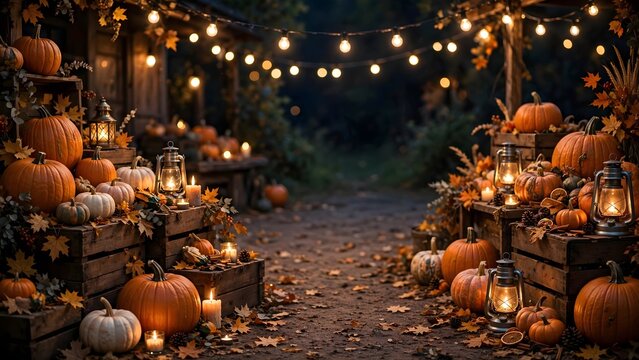 Cozy Halloween pumpkin market illuminated by warm string lights with rustic autumn decorations and generous copy space for seasonal creative projects