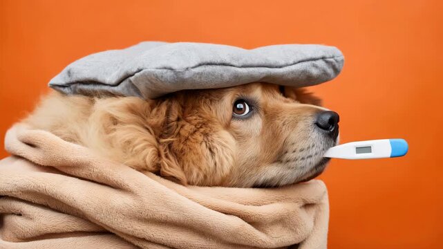 Panning shot of dog holding thermometer in mouth, wrapped in blanket with cold pad on head against orange studio background for pet health portrait