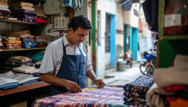 Male shopkeeper arranging colorful fabric rolls in traditional market stall, wearing apron, surrounded by textile merchandise