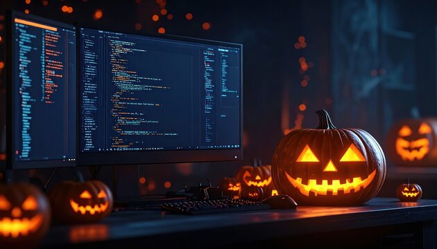 Glowing Halloween pumpkins on desk with coding computer screens.