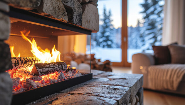 Cozy stone fireplace burning bright in modern living room with snowy forest view through large window