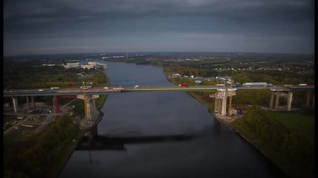 Timelapse of construction and expansion of the new Rader High Bridge on the A7 highway. Bridge Construction Timelapse: Replacement of the Rader High Bridge Over the Kiel Canal.