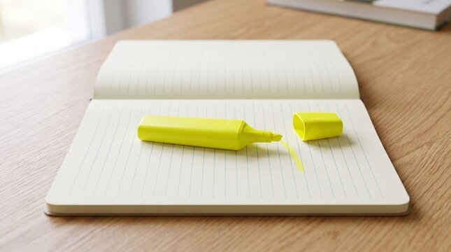 Study and planning preparation, yellow highlighter pen placed on an open lined notebook on a wooden desk