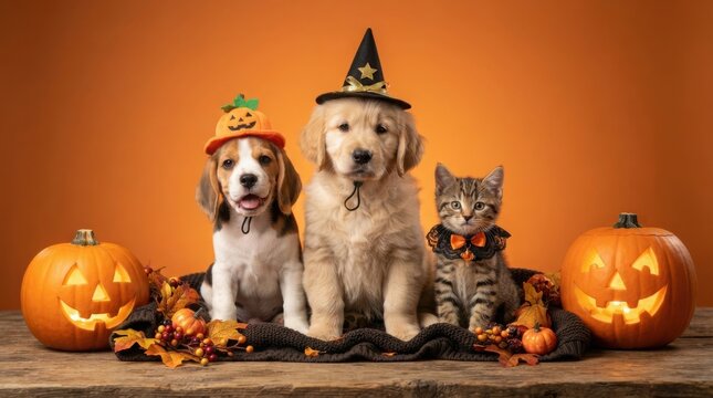 Halloween three pets wearing costumes with pumpkins