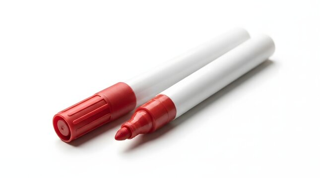Red felt tip markers on white background. Two permanent pens for office or school work.
