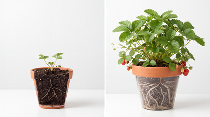 Fototapeta premium Strawberry Plant Growth Stages Root System Exposed.