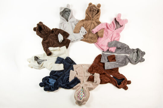 Collection of Soft Fleece Baby Hoodies with Bear Ears in Assorted Colors on White Background, Cozy Infant Winter Outerwear and Apparel