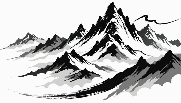 Vector illustration ink wash painting style mountain landscape with peaks and clouds