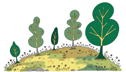 Obraz premium Vector illustration cartoon landscape with green trees and colorful flowers on a grassy hill