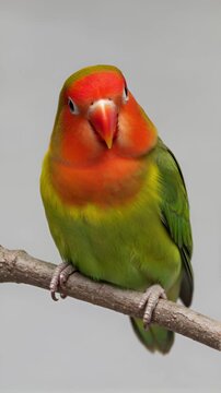 A studio commercial stock footage of a vibrant Lovebird perched on a textured wooden branch against a clean, solid light gray studio background
