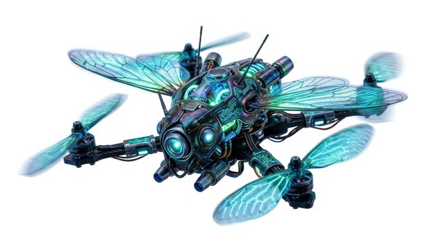 Robotic dragonfly drone with blue wings flying isolated on transparent background, isolated on white background