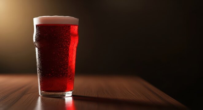 A full pint glass of rich, ruby red ale resting on a wooden countertop in low light, emphasizing the color and texture, tavern, alcohol, drink