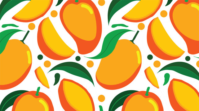 Tropical sweet mango seamless pattern vector background featuring fresh whole fruits and sliced pieces with green leaves