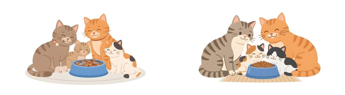 Cute cat family eating together from a blue bowl, adorable kittens and adult cats sharing pet food, domestic feline group illustration on white background