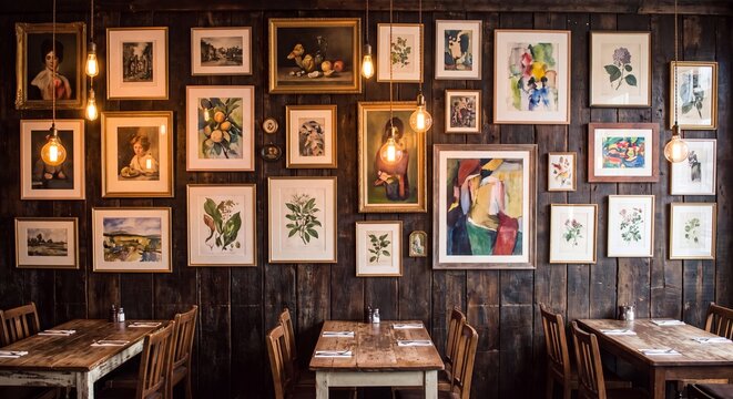 An empty interior of a rustic cozy restaurant showing wooden tables and chairs with walls completely decorated by numerous framed picture artworks