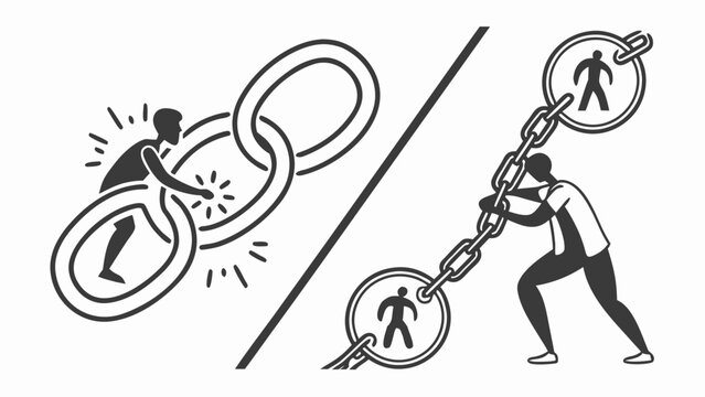 Conceptual illustration of people connected and disconnected by chains